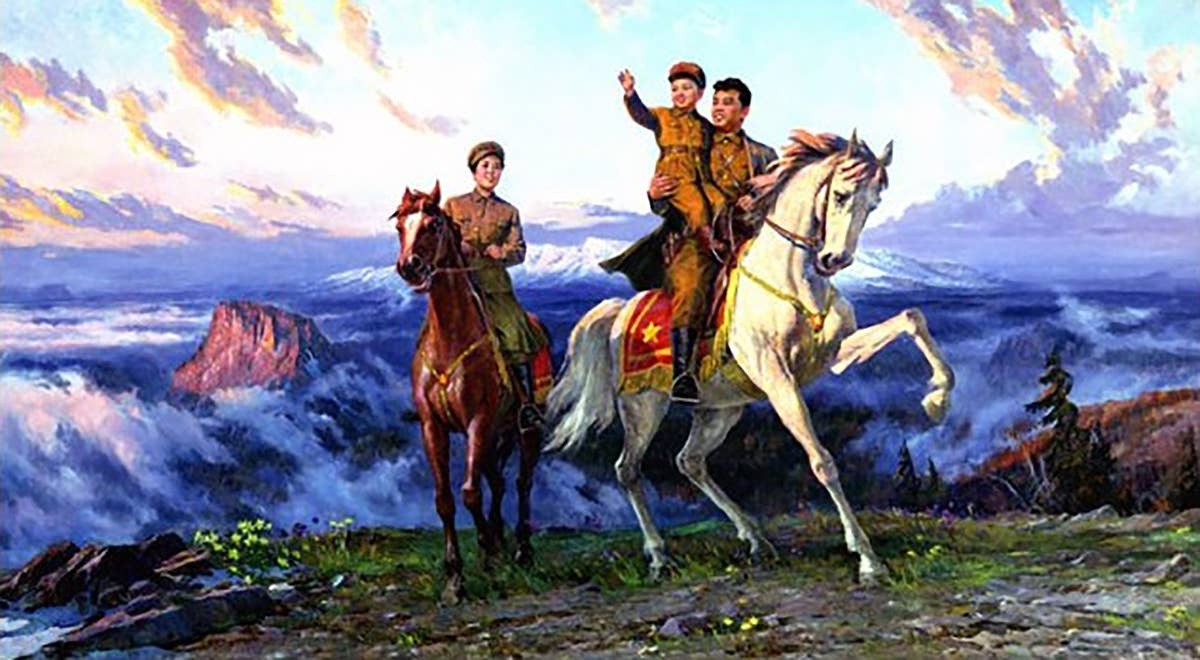  Kim Il Sung on horseback carrying a young Kim Jong Il on Mt. Paekdu.