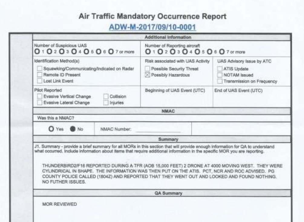 Mandatory Occurrence Report regarding September 2017 incident Camp Springs, Maryland