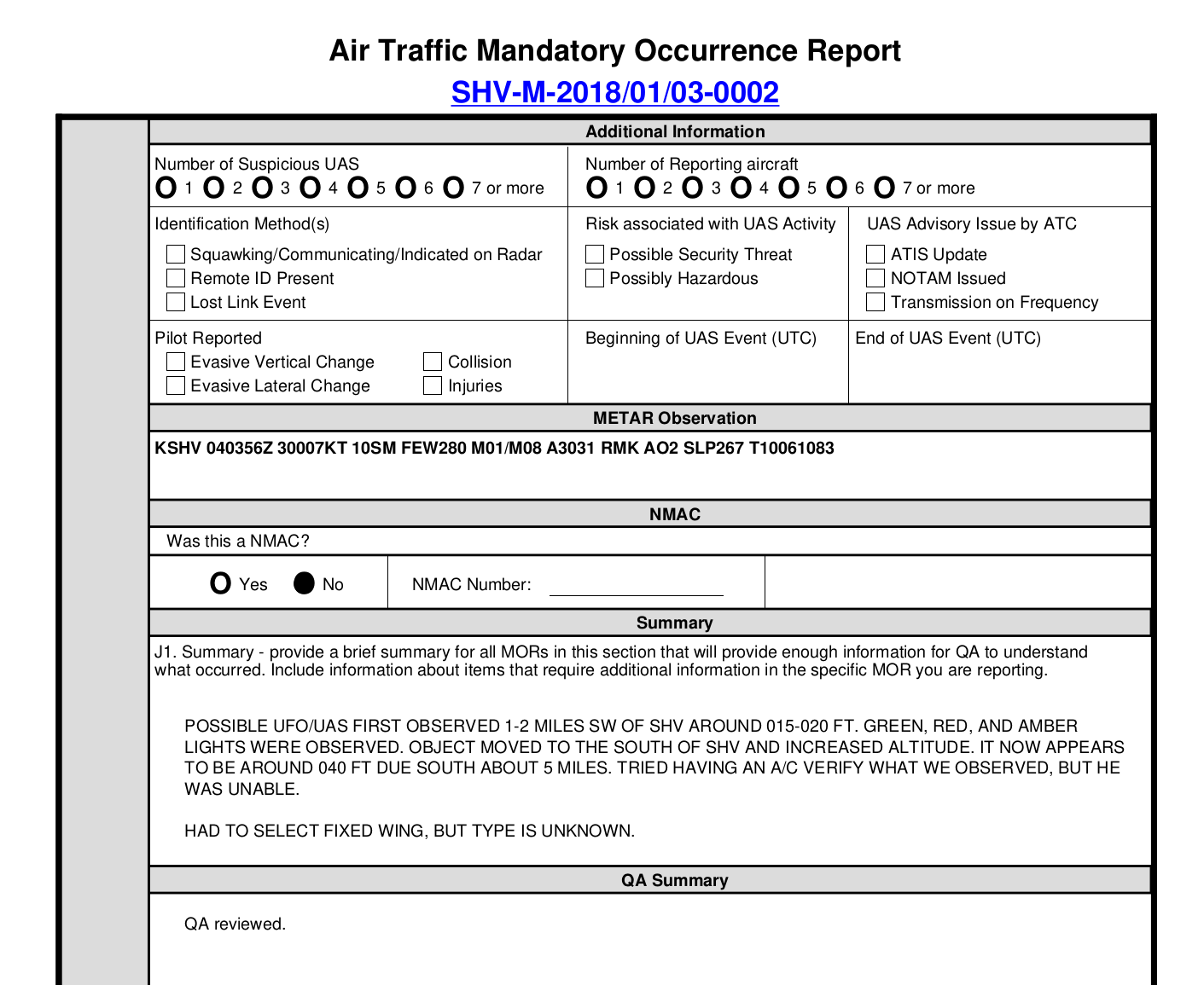 FAA Report Regarding Shreveport, Louisiana UFO Incident