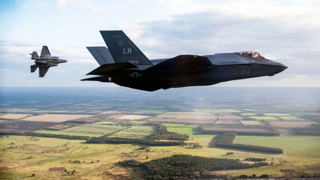 U.S. Air Force F-35A Lightning II aircraft assigned to the 495th Fighter Squadron, return to Royal Air Force Lakenheath, England, after concluding a training exercise with NATO allies, Feb. 22, 2022. The Liberty Wing strives to increase defense and modernization in the European theater, to bolster the NATO alliance in the face of shared security concerns. <em>U.S. Air Force Photo By Tech. Sgt. Rachel Maxwell</em>