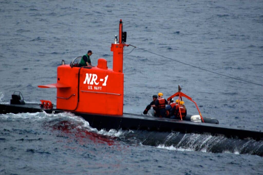 The NR-1, "the Navy's smallest and only research submarine" at sea in 2007. Photo courtesy of Flower Garden Banks National Marine Sanctuary.&nbsp;