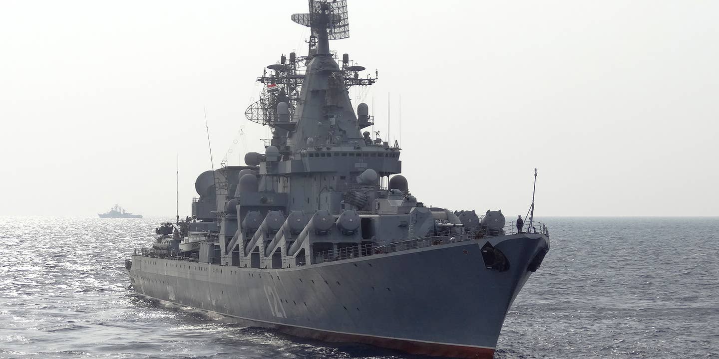 The Russian missile cruiser Moskva patrols in the Mediterranean Sea, off the coast of Syria, on December 17, 2015.