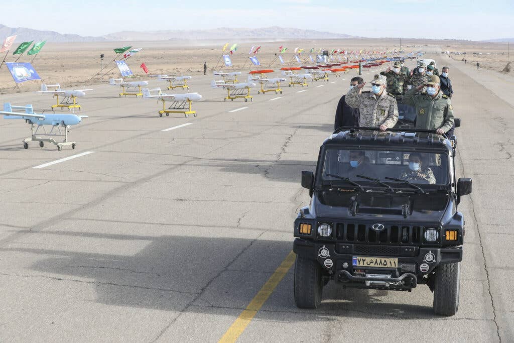 SEMNAN, IRAN Chief of staff for Iranian Armed Forces Gen. Mohammad Bagheri and  greets as Unmanned aerial vehicles (UAV) drill held by Iranian army in Semnan, Iran on January 5, 2021. (Photo by Iranian Army/Handout/Anadolu Agency via Getty Images)