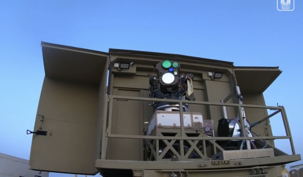 Israel says it successfully tested its Iron Beam laser air defense weapon in March. (Screenshot from an Israeli Ministry of Defense video).