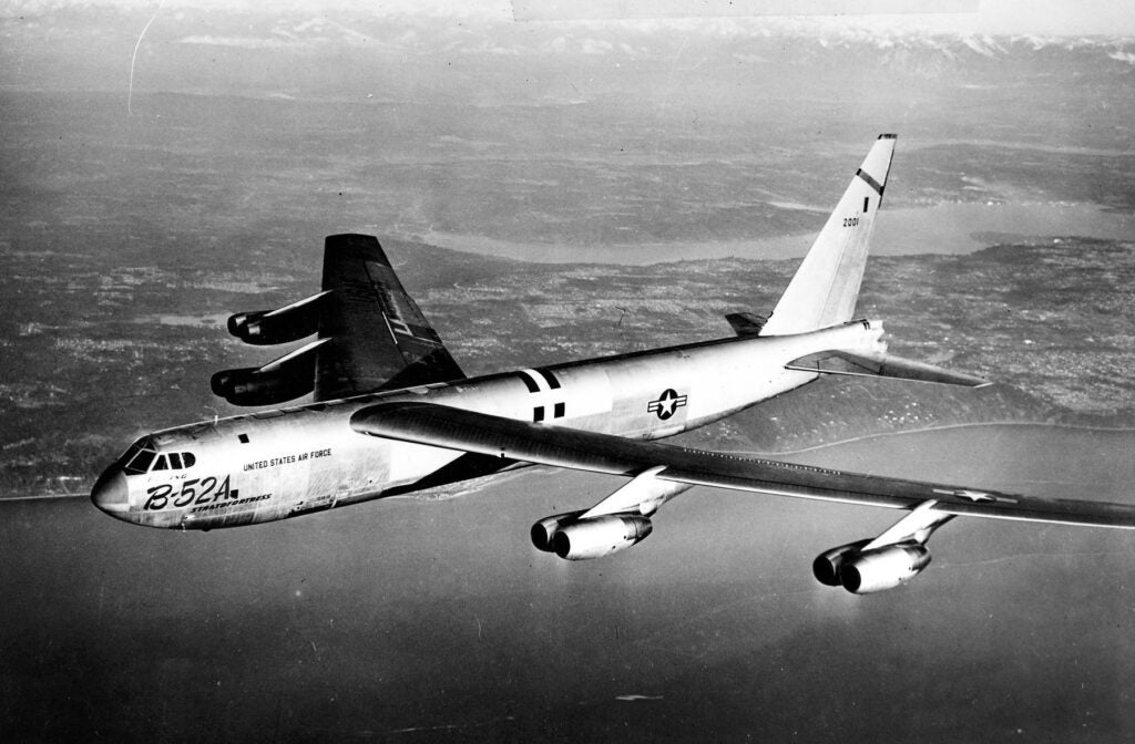 Boeing B-52A (S/N 52-001) in flight. Note the external fuel tanks have been removed. (U.S. Air Force photo)