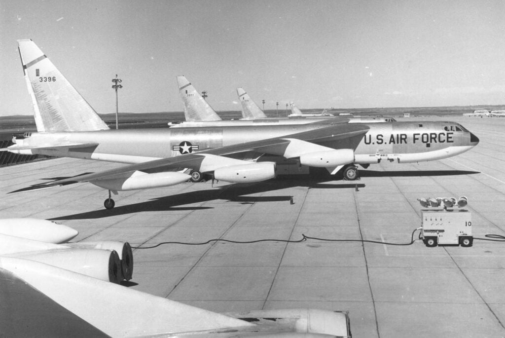 Side view of Boeing B-52Bs. Three closest aircraft with visible tail numbers are B-52B-35-BO (S/N 53-0396), RB-52B-30-BO (S/N 53-0377) and B-52B-35-BO (S/N 53-0391). (U.S. Air Force photo)