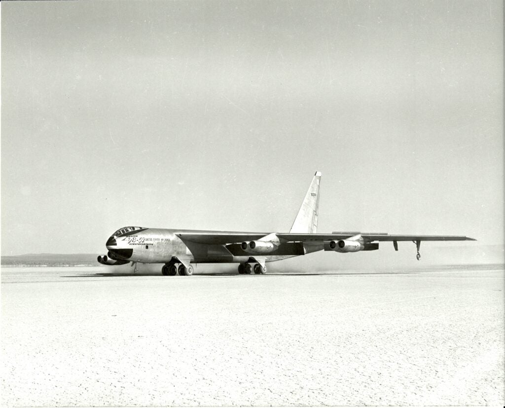 The YB-52 from North American lands on Rogers Dry Lake, Calif., in 1953 (U.S. Air Force photo)