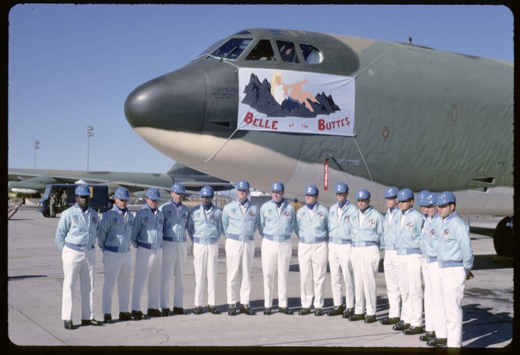 Members of the 4126th Strategic Wing pose for a photo in front of a B-52G on the flight line at Beale Air Force Base, California. The wing was activated at Beale in February 1959. <em>U.S. Air Force</em><br>