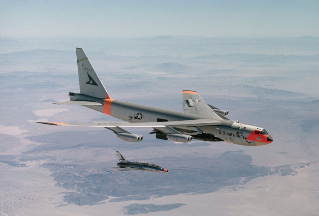 A B-52 drops an X-15 rocket plane after carrying it to launching altitude for a test flight over Edwards Air Force Base in California. The X-15 rocket plane, built by North American Aviation, was used in a joint project by the United States Air Force and NASA to do preparatory research for manned space flight in the early 1960s. | Location: near Edwards Air Force Base, California, USA. (Photo by Dean Conger/Corbis via Getty Images)