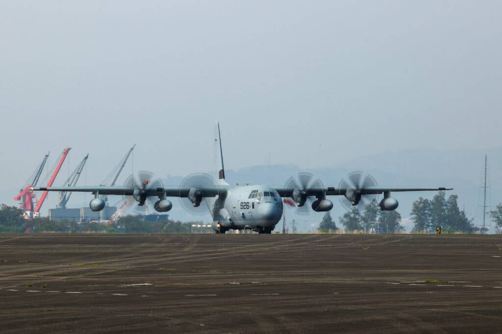 During their journey from Hawaii to the Philippines, VMM-363's Ospreys were refueled several times by KC-130J Hercules assigned to Marine Refueler Transport Squadron 152 (VGMR-152), 1st Marine Aircraft Wing, like this one at at Subic Bay International Airport ahead of Balikatan 22 in the Philippines, Mar. 19, 2022. USMC photo by Chief Warrant Officer 2 Trent Randolph