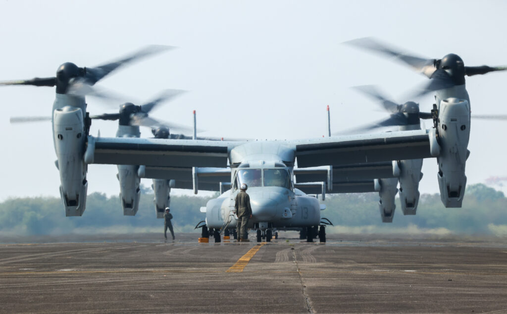 Marine Corps MV-22B Ospreys assigned to Marine Medium Tiltrotor Squadron 363, 1st Marine Aircraft Wing, arrive at Subic Bay International Airport ahead of Balikatan 22 in the Philippines, March 2022. <em>U.S. Marine Corps photo Chief Warrant Officer 2 Trent Randolph</em>