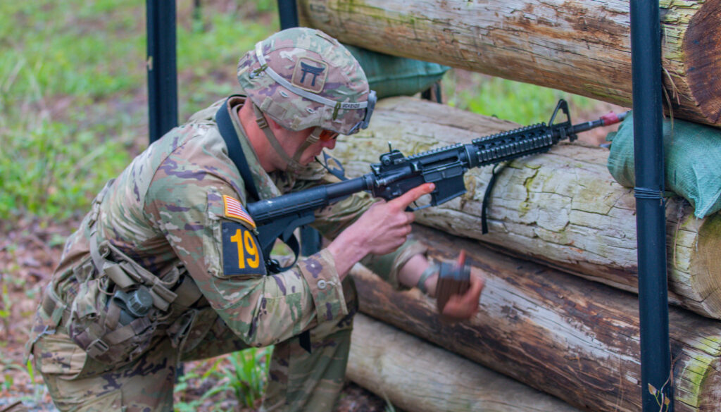 A soldier from the 101st Airborne Division, competes with a standard M4 carbine during the second day of the annual Best Ranger event, April 9th, 2022. Credit: Photo by&nbsp;Spc. Kelvin Johnson Jr.