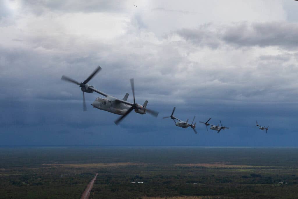 MV-22 Ospreys from Marine Medium Tiltrotor Squadron (VMM) 268 fly over Darwin, Australia, where they are supporting the 2022 rotational deployment of Marines and other U.S. military personnel. USMC photo by Cpl. Cameron Hermanet
