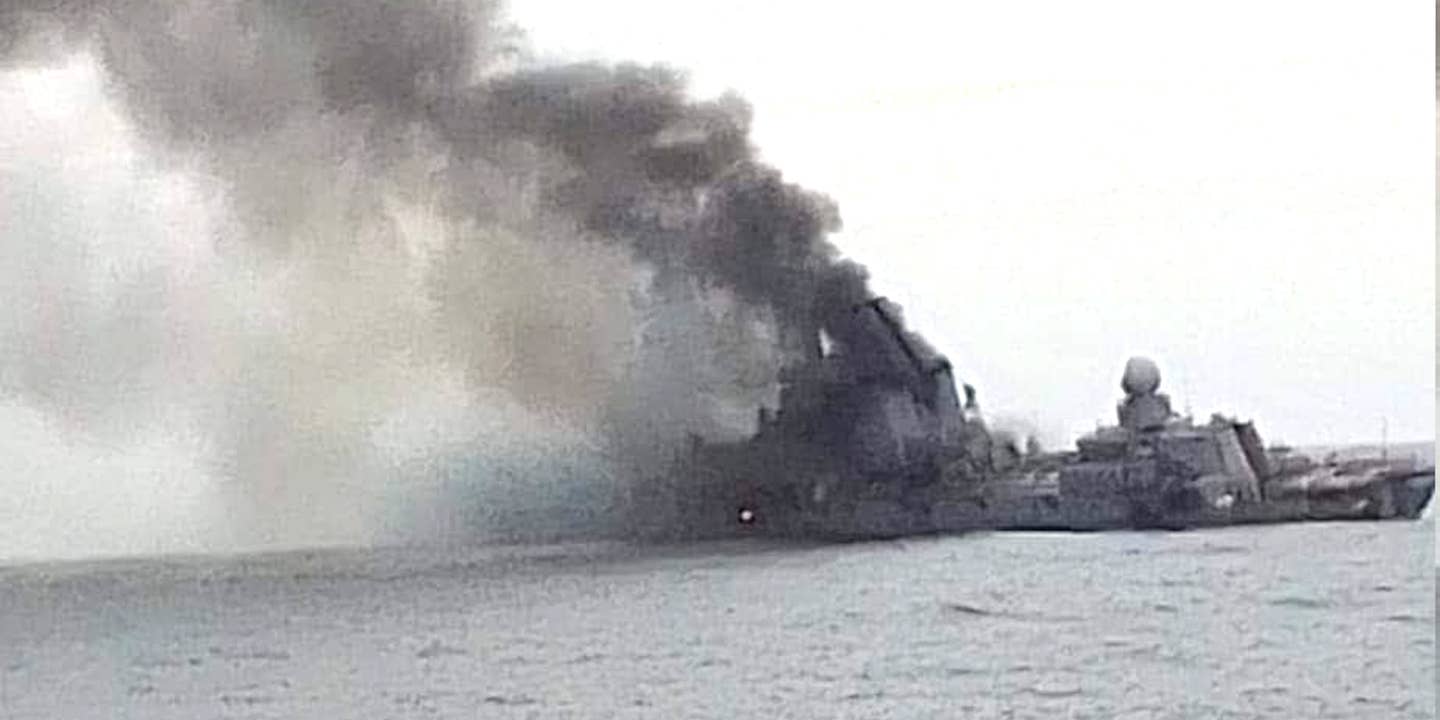 A picture that appears to show the Russian Navy's cruiser Moskva burning after a reported Ukrainian missile strike.