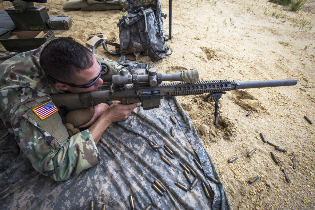 U.S. Army Christopher Ashey, 2nd Battalion, 113th Infantry, New Jersey Army National Guard, fires a KAC-built M110 Semi-Automatic Sniper System during training at Joint Base McGuire-Dix-Lakehurst, N.J., Aug. 15, 2018. New Jersey National Guard photo by Mark C. Olsen