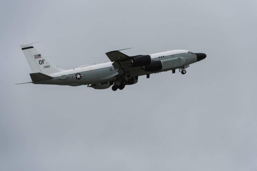 An RC-135S Cobra Ball aircraft assigned to the 45th Reconnaissance Squadron takes off from Offutt Air Force Base, Nebraska. All RC-135S aircraft and operations are handled by the 55th Wing at Offutt AFB. <em>U.S. Air Force photo by Senior Airman Jacob Skovo</em>