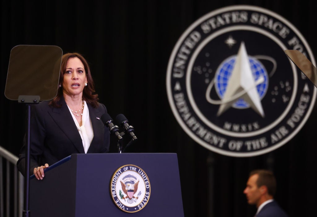 LOMPOC, CALIFORNIA - APRIL 18: U.S. Vice President Kamala Harris speaks at Vandenberg Space Force Base on April 18, 2022 in Lompoc, California. Harris delivered the remarks after meeting with members of the U.S. Space Force and U.S. Space Command as part of her duties as chair of the National Space Council. (Photo by Mario Tama/Getty Images)