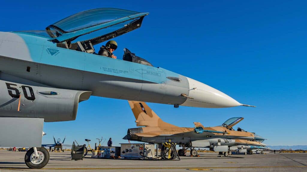 The once embargoed F-16A/Bs have played a prominent role in Navy adversary support at NAS Fallon for many years. Now the force will be expanded and significantly upgraded with the arrival of the F-16C/Ds. (Credit: Jamie Hunter)