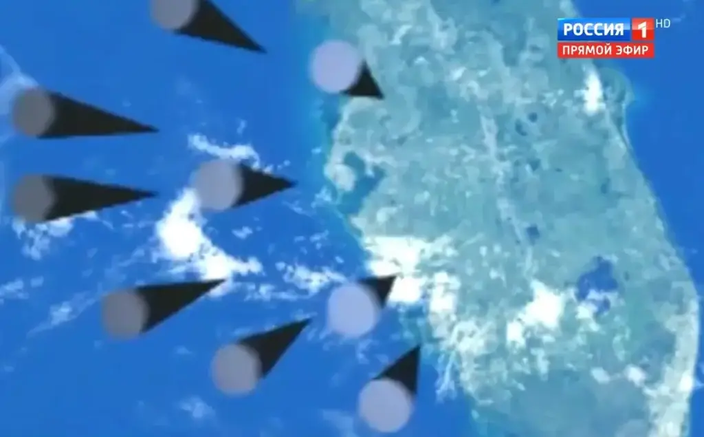 Warheads from a Sarmat fall onto Florida in a computer-generated presentation accompanying Putin’s 2018 ‘super weapons’ speech.&nbsp;<em>via Channel One</em>