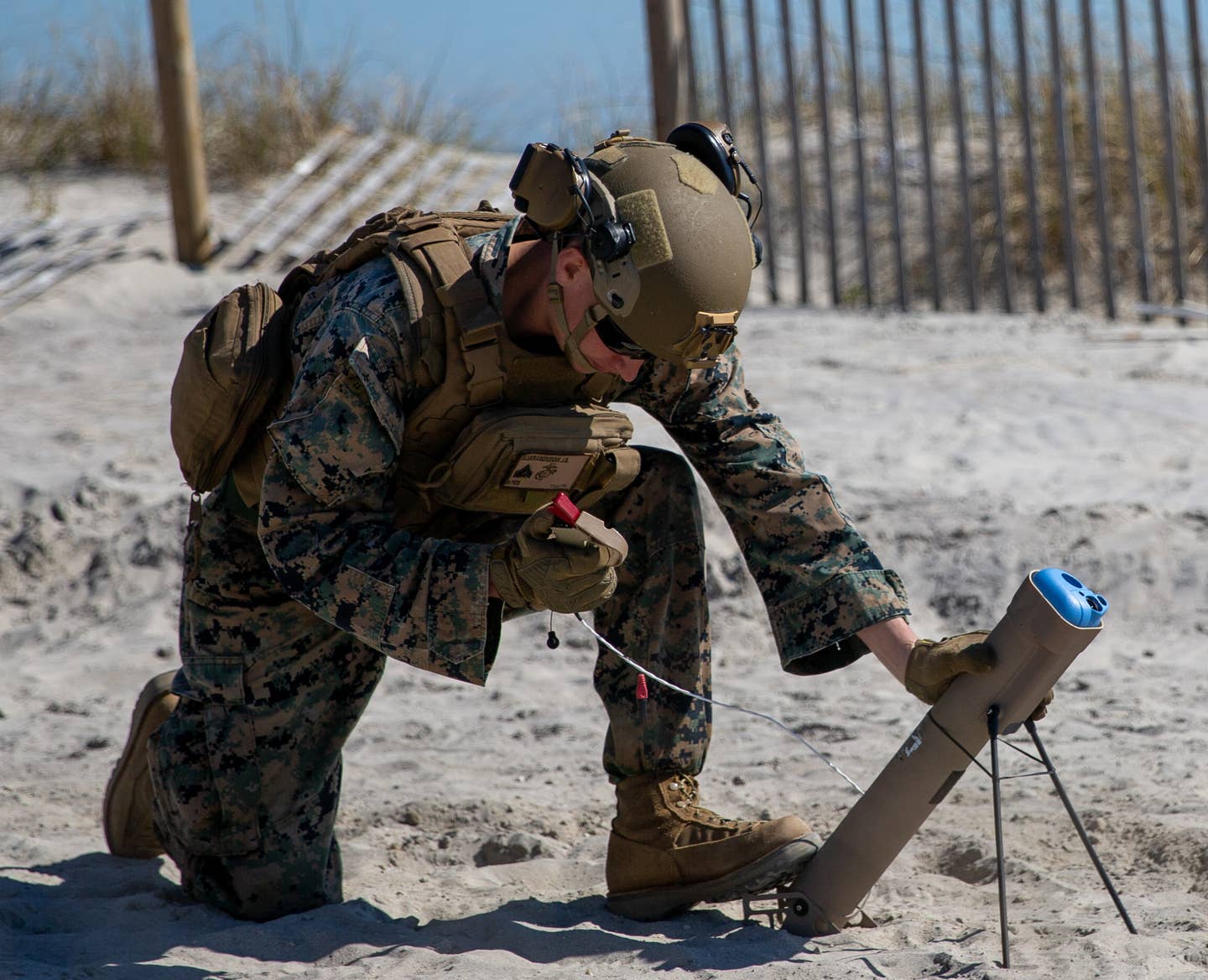 U.S. Marine Corps Cpl. Julian Alvarado, prepares to launch a Switchblade unmanned aircraft system during Littoral Exercise II (LEX II) on Camp Lejeune, North Carolina, March 3, 2022. U.S. Marine Corps photo by Lance Cpl. Ryan Ramsammy
