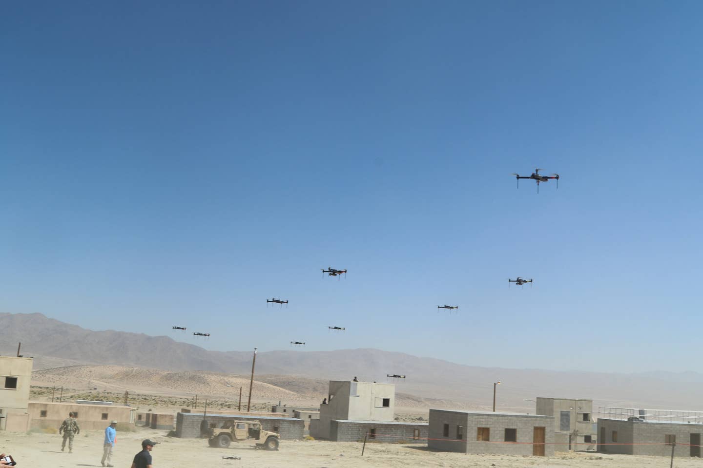 The Army has tested larger swarms of smaller drones, like this flock of 40 quadcopters at the National Training Center in California, but EDGE 22 will see the largest swarm of air-launched effects to date. U.S. Army Photo by Pv2 James Newsome