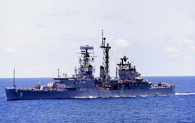 The U.S. Navy light cruiser USS <em>Oklahoma City </em>(CLG-5) in the Sea of Japan in August 1974. <em>U.S. Navy</em><br><br>