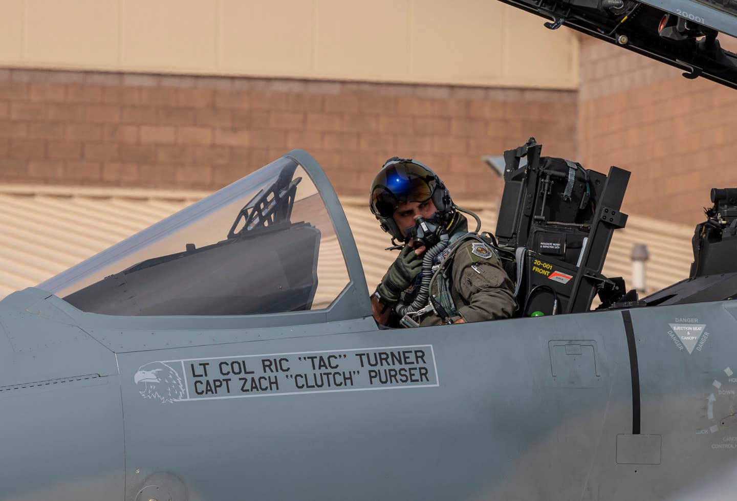 Maj. Kevin Hand, an F-15EX operational and experimental test pilot with the Air National Guard-Air Force Reserve Test Center, prepares to taxi out for a mission from Nellis Air Force Base, Nevada, in October 2021, during test and evaluation flights for the Air Force’s newest fighter. <em>U.S. Air Force photo by William R. Lewis</em>