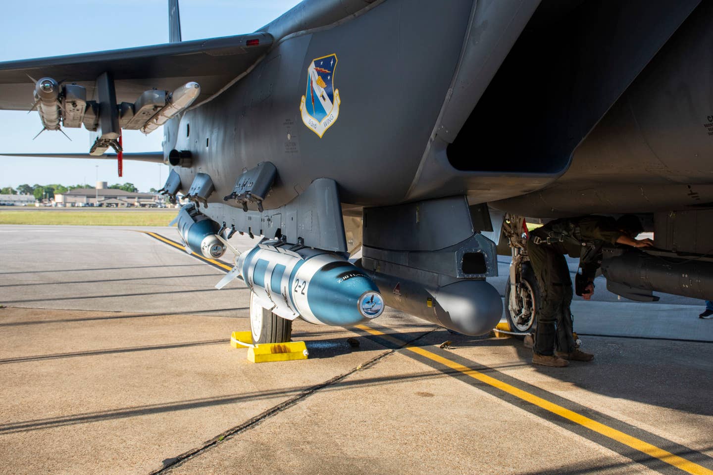 Inert anti-ship JDAMs on the F-15E Strike Eagle from the 85th Test and Evaluation Squadron, at Eglin Air Force Base, Florida. <em>U.S. Air Force photo / 1st Lt Lindsey Heflin</em>