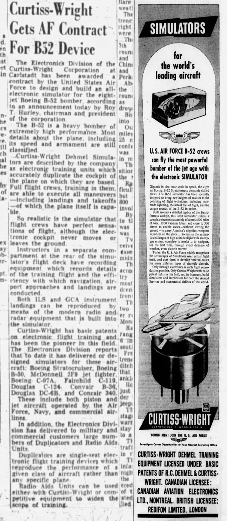 A newspaper clipping and an ad pertaining to Curtis Wring developing advanced simulators for the B-52 program.