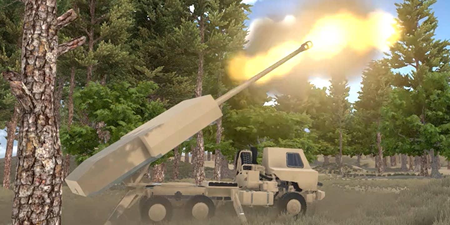 A rendering of a notional self-propelled large-caliber gun capable of firing hypervelocity projectiles at incoming missiles.