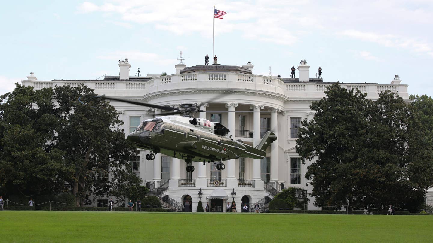 Marine Helicopter Squadron One (HMX-1) runs test flights of the new VH-92A over the south lawn of the White House in 2018. (U.S. Marine Corps photo by Sgt. Hunter Helis)