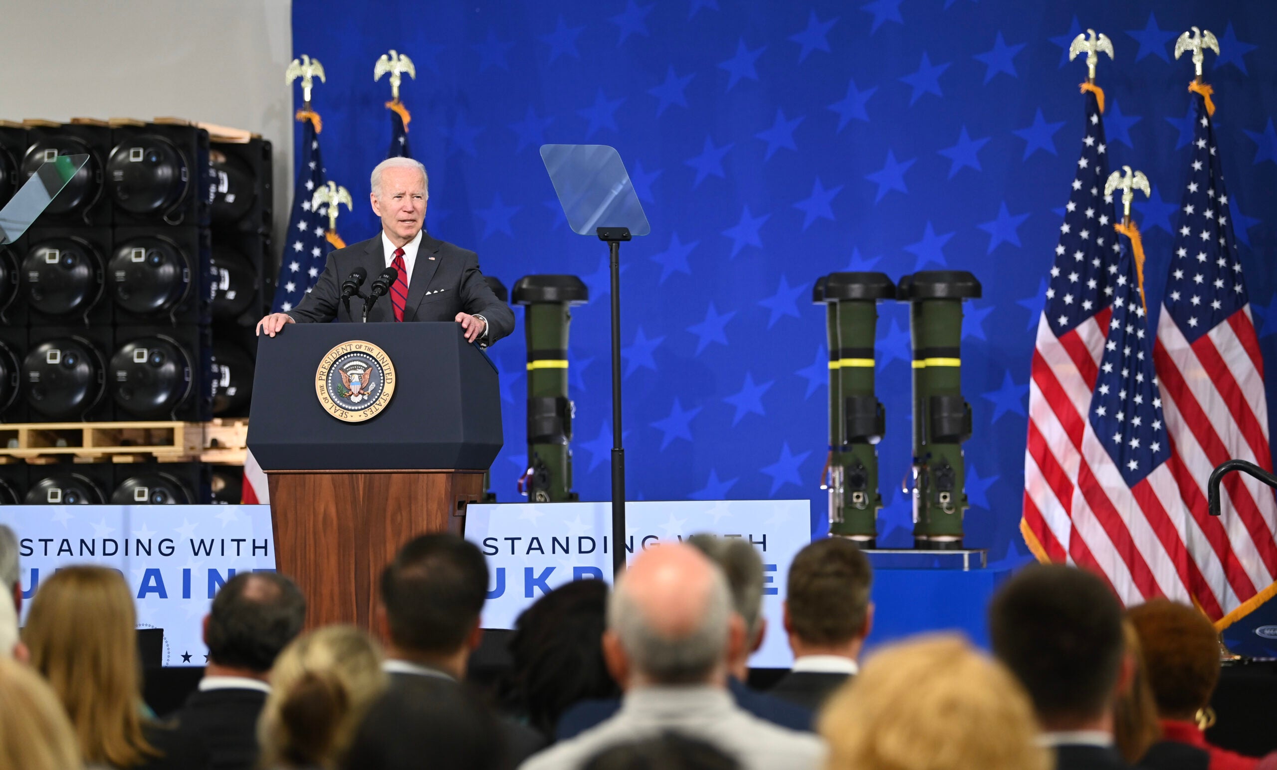 TROY, AL - MAY 03: U.S. President Joe Biden speaks to employees at Lockheed Martin, a facility which manufactures weapon systems such as Javelin anti-tank missiles, on May 3, 2022 in Troy, Alabama. The Biden-Harris Administration is providing these weapons to Ukraine to defend against the Russian invasion. (Photo by Julie Bennett/Getty Images)