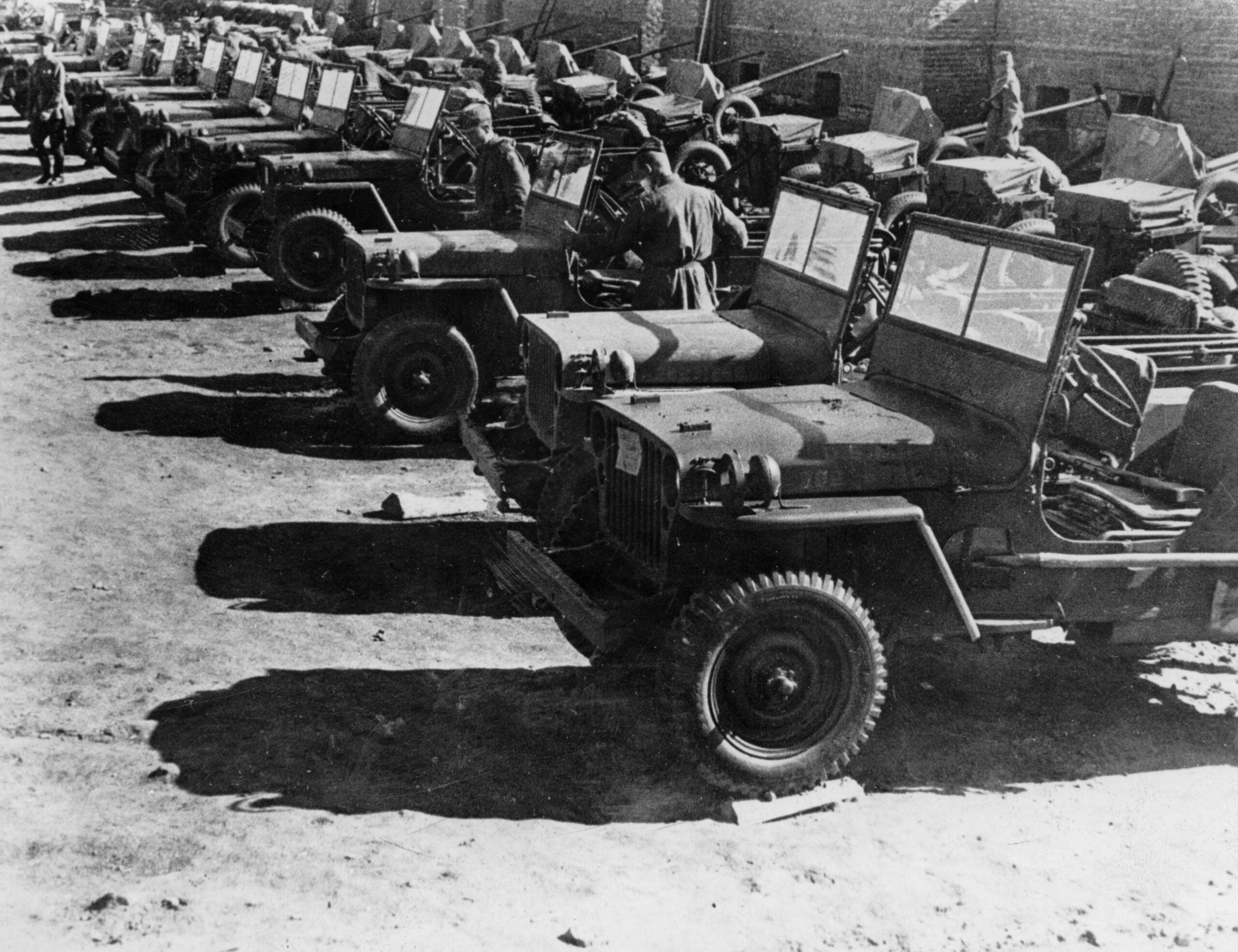 Soviet red army soldiers with us-made jeeps on the way to the front, world war 2, american aid, lend lease program. (Photo by: Sovfoto/Universal Images Group via Getty Images)