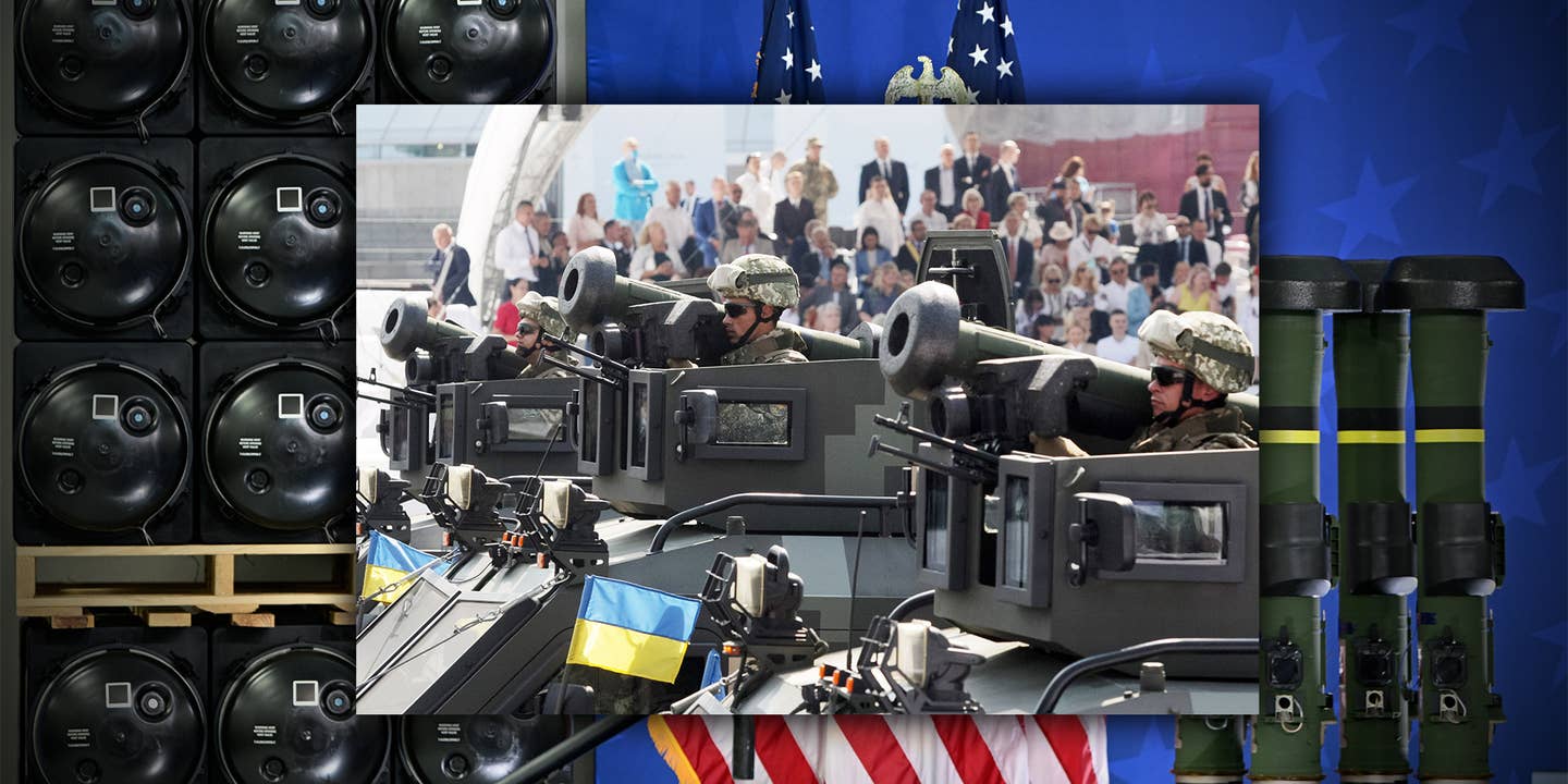 A picture of Ukrainian forces in vehicles armed with Javelin anti-tank missiles overlaid on top of a photograph from a recent visit by US President Joe Biden to a Lockheed Martin facility which manufactures these weapons in Troy, Alabama.