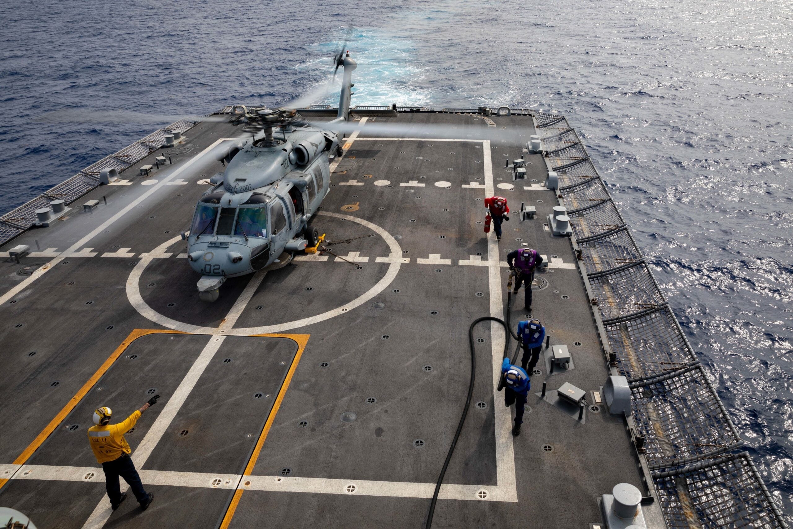 210413-N-RL695-1093 

CARIBBEAN SEA - (April 12, 2021) -- Sailors assigned to the Freedom-variant littoral combat ship USS Sioux City (LCS 11), conduct a hot refueling on an MH-60S Seahawk attached to the “Sea Knights” of Helicopter Sea Combat Squadron (HSC) 22, Detachment 3, April 13, 2021. Sioux City is deployed to the U.S. 4th Fleet area of operations to support Joint Interagency Task Force South’s mission, which includes counter-illicit drug trafficking missions in the Caribbean and Eastern Pacific. (U.S. Navy photo by Mass Communication Specialist 2nd Class Marianne Guemo/Released)