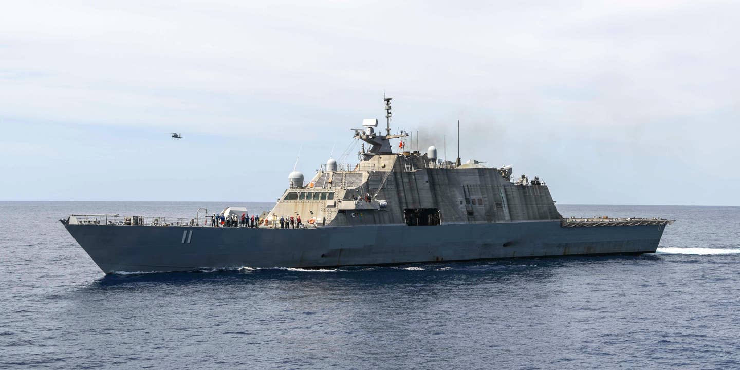 The Freedom class Littoral Combat Ship USS Sioux City sails in the Atlantic ahead of its arrival European waters.