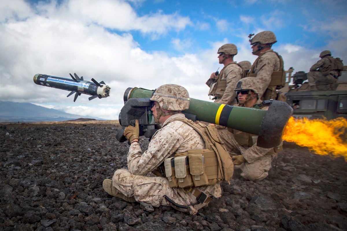 A U.S. Marine attached to Weapons Company, 1st Battalion, 3rd Marine Regiment - "The Lava Dogs" fires a Javelin at an enemy tank during Lava Viper aboard Pohakuloa Training Area, Hi., May 29, 2015.Marines of Weapon Company train on anti-armor procedures while at Lava Viper. (U.S. Marine Corps photo by Cpl. Ricky S. Gomez/Released)