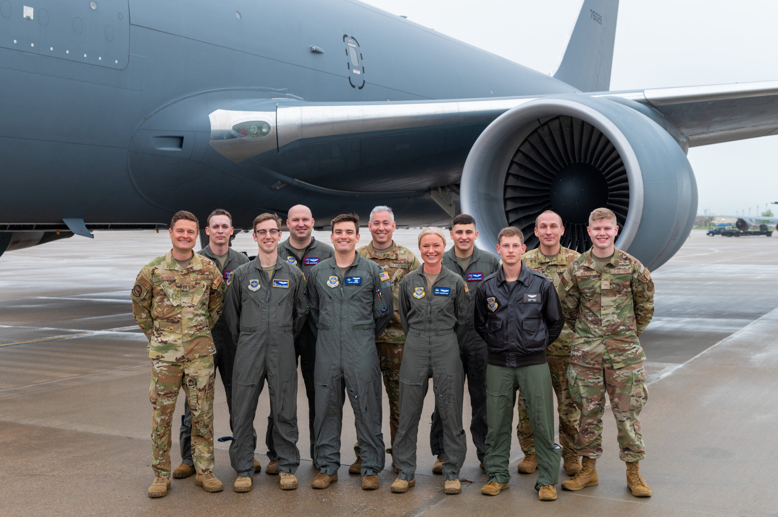 The aircrew from the 22nd Air Refueling Wing’s 24-hour flight pose for a group photo May 5, 2022 at McConnell Air Force Base, Kansas. The aircrew took a group photo before embarking on a 24-hour sortie in a KC-46A Pegasus, completing the Air Mobility Command’s longest flight. (U.S. Air Force photo by Airman Brenden Beezley)