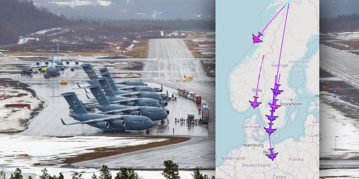 Eight US Air Force C-17A Globemaster III airlifters at Bardufoss Air Station in Norway on May 10, 2022. The inset is a screen shot from an online flight tracking website showing the aircraft leaving Norway.