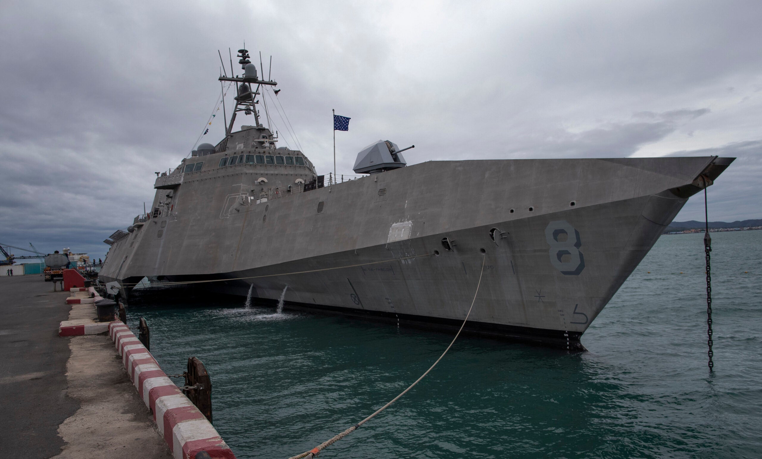 The USS Montgomery, one of the ships that will participate in Association of Southeast Asian Nations, ASEAN-U.S. Maritime Exercise is docked in Sattahip, Thailand, Monday, Sep. 2, 2019. (AP Photo/Gemunu Amarasinghe)