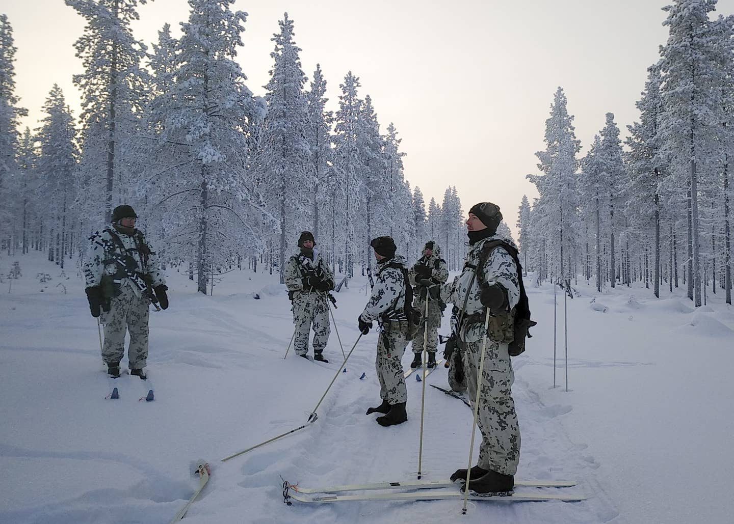 Students, including soldiers from the U.S. Army, take part in cross-country skiing during a Winter Combat Course near Rovaniemi, Finland, located just four miles south of the Arctic Circle, in January 2021. <em>U.S. Army</em>