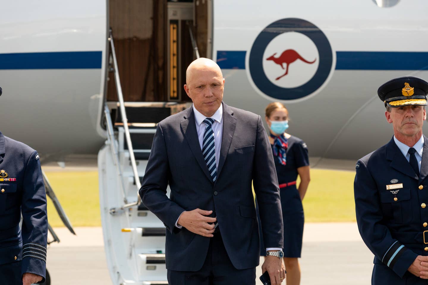 Minister of Defense, Peter Dutton, MP, arrives at RAAF Base Williamtown, near Newcastle in New South Wales in February this year. <em>Australian Department of Defense</em>