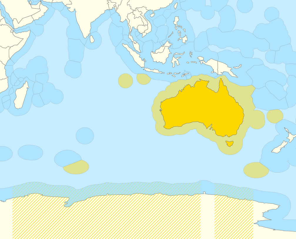 The Australian Exclusive Economic Zones, including its Antarctic claim. <em>B1mbo/Wikimedia Commons </em>