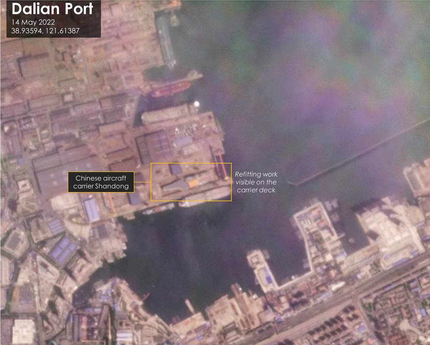 China's other operational carrier in drydock in Dalian. <em>Planet Labs.</em>