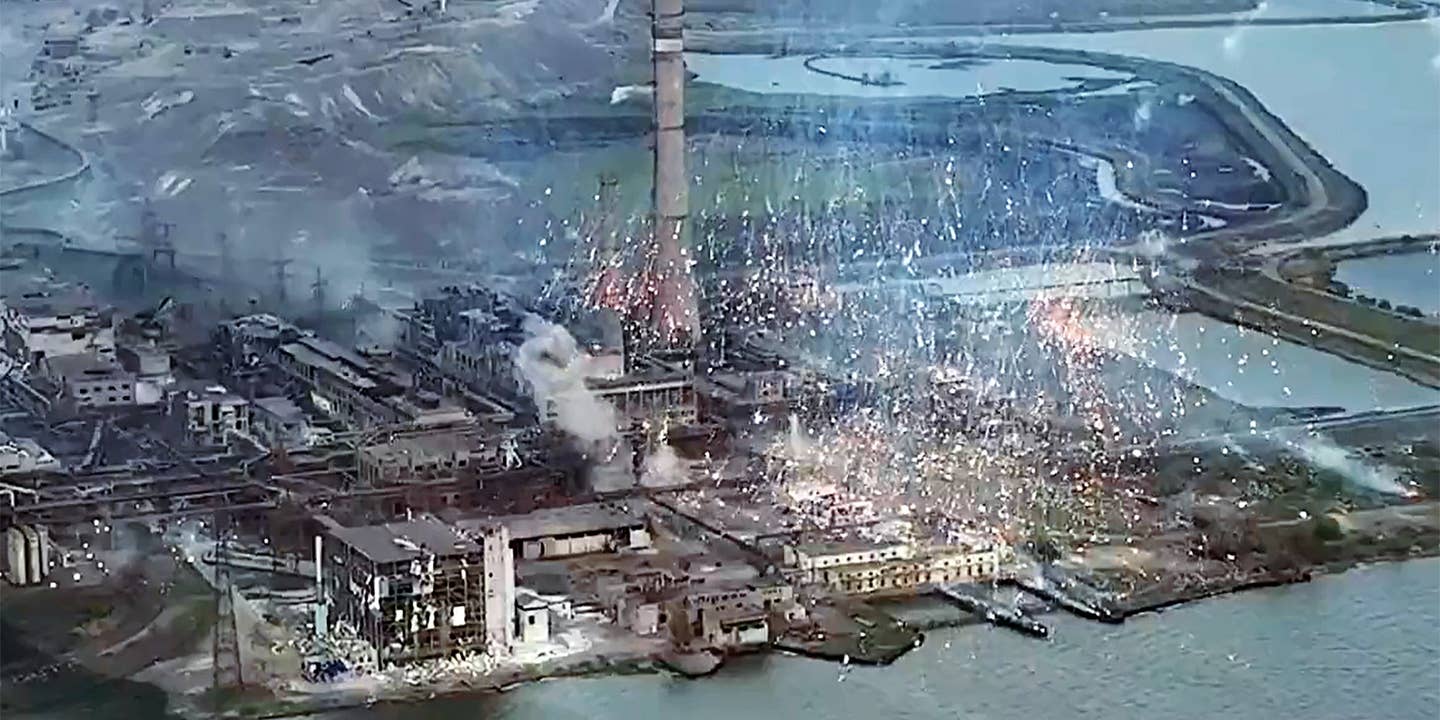 Russian incendiary munitions fall on the Azovstal steelworks in the Ukrainian port city of Mariupol in May 2022.