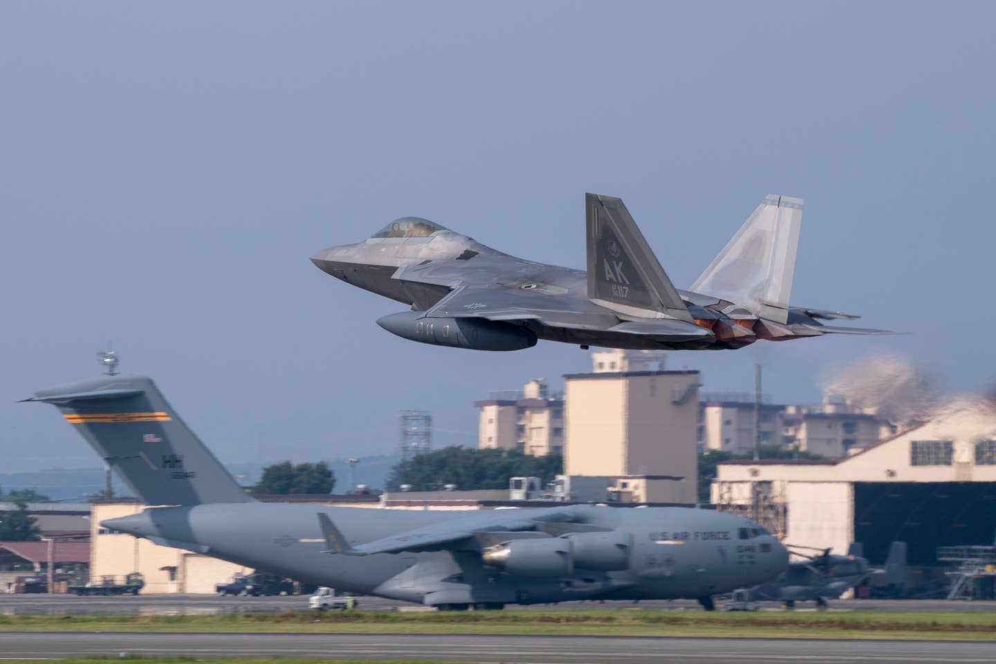 An F-22 Raptor from Joint Base Elmendorf-Richardson, Alaska takes off at Yokota Air Base, Japan.&nbsp;<em>U.S. AIR FORCE/YASUO OSAKABE</em>