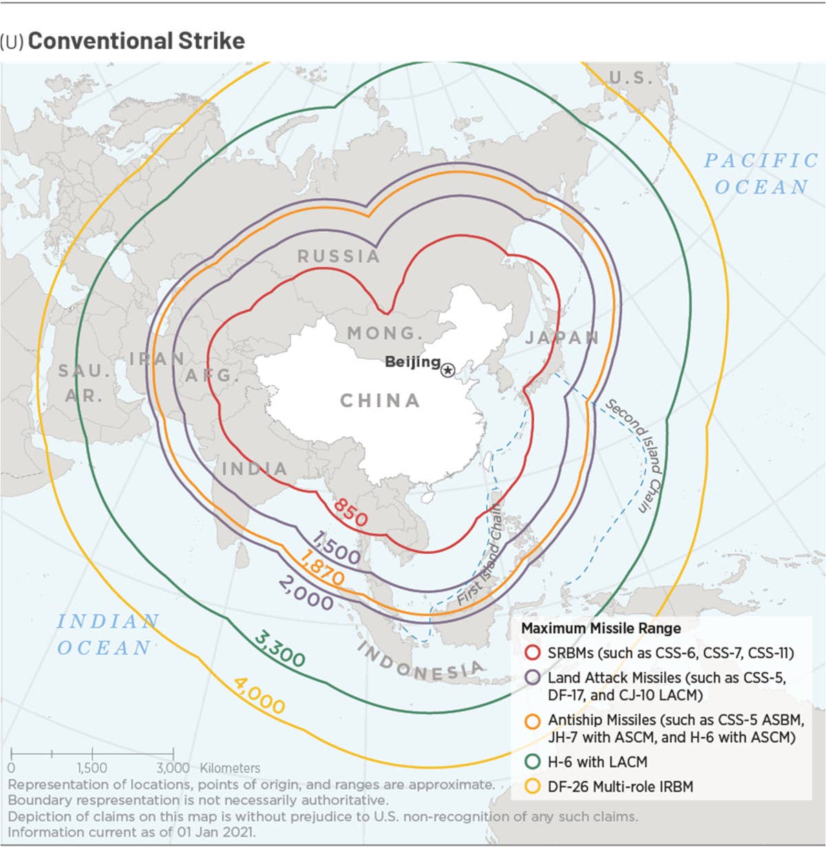 A Defense Intelligence Agency annotated map showing the ranges at which China can strike with various conventionally-armed ballistic and cruise missiles. <em>DOD</em>