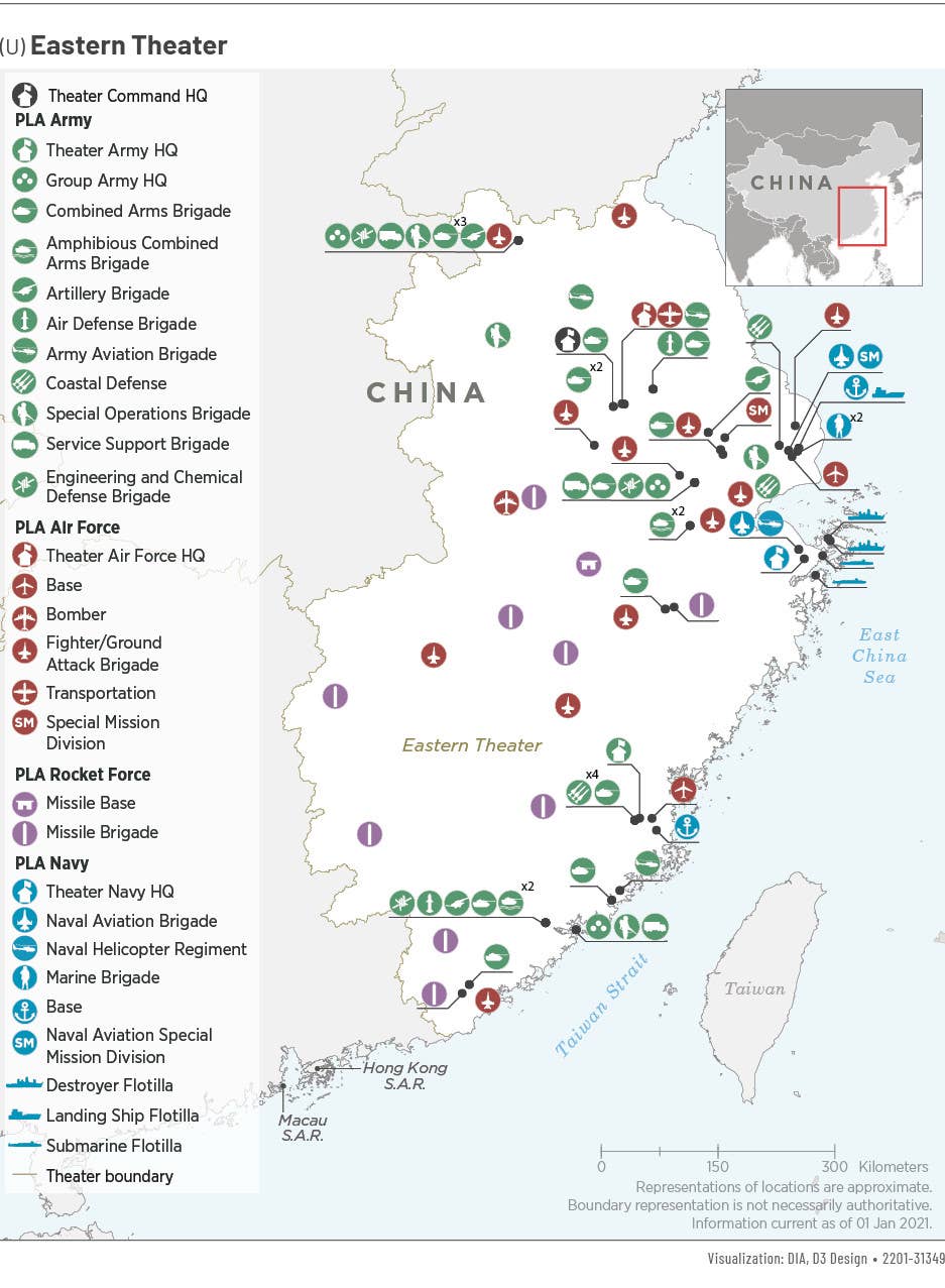 An annotated map from the U.S. Defense Intelligence Agency that provides a very rudementary look at the forces China's People's Liberation Army (PLA) has arrayed just in areas of the mainland opposite Taiwan. <em>DOD</em>
