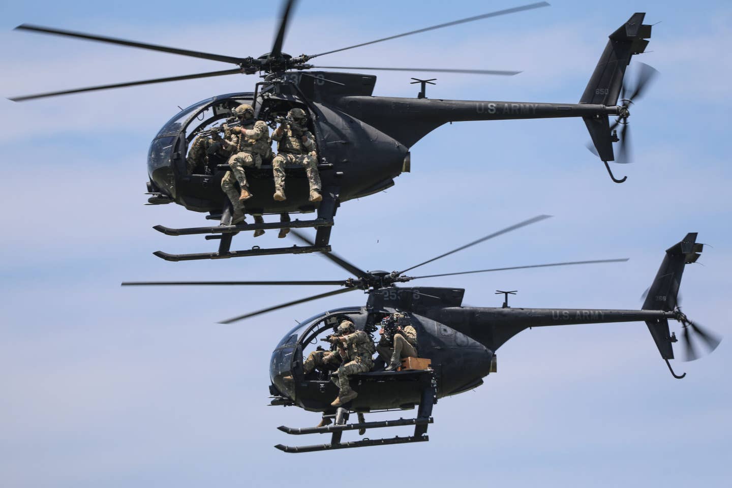 MH-6 Little Birds over Fort Campbell, Kentucky, in 2018. Image Used in the Special Operations Recruiting Battalion Campaign. <em>U.S. Army photo by Staff Sgt. Iman Broady-Chin</em>