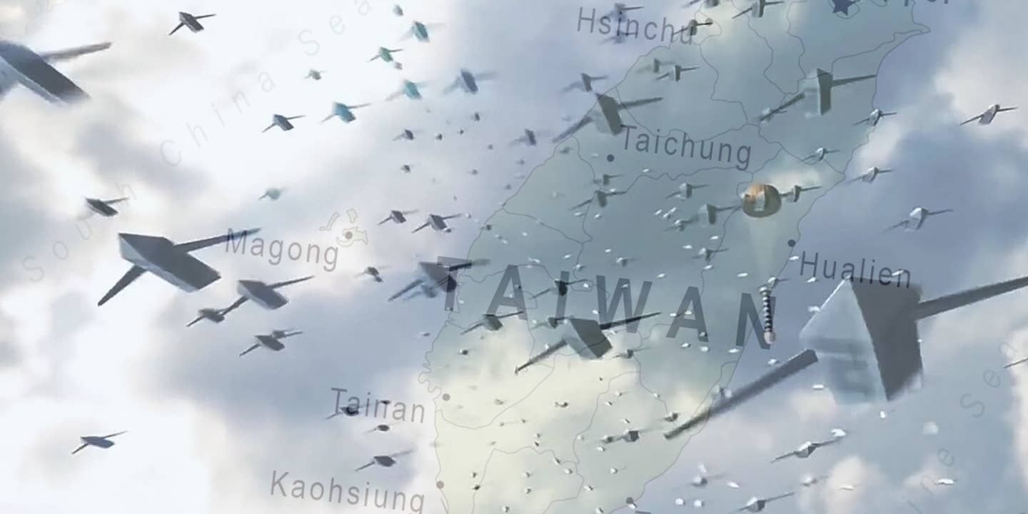 An artist's conception of a drone swarm overlaid on a map of Taiwan.